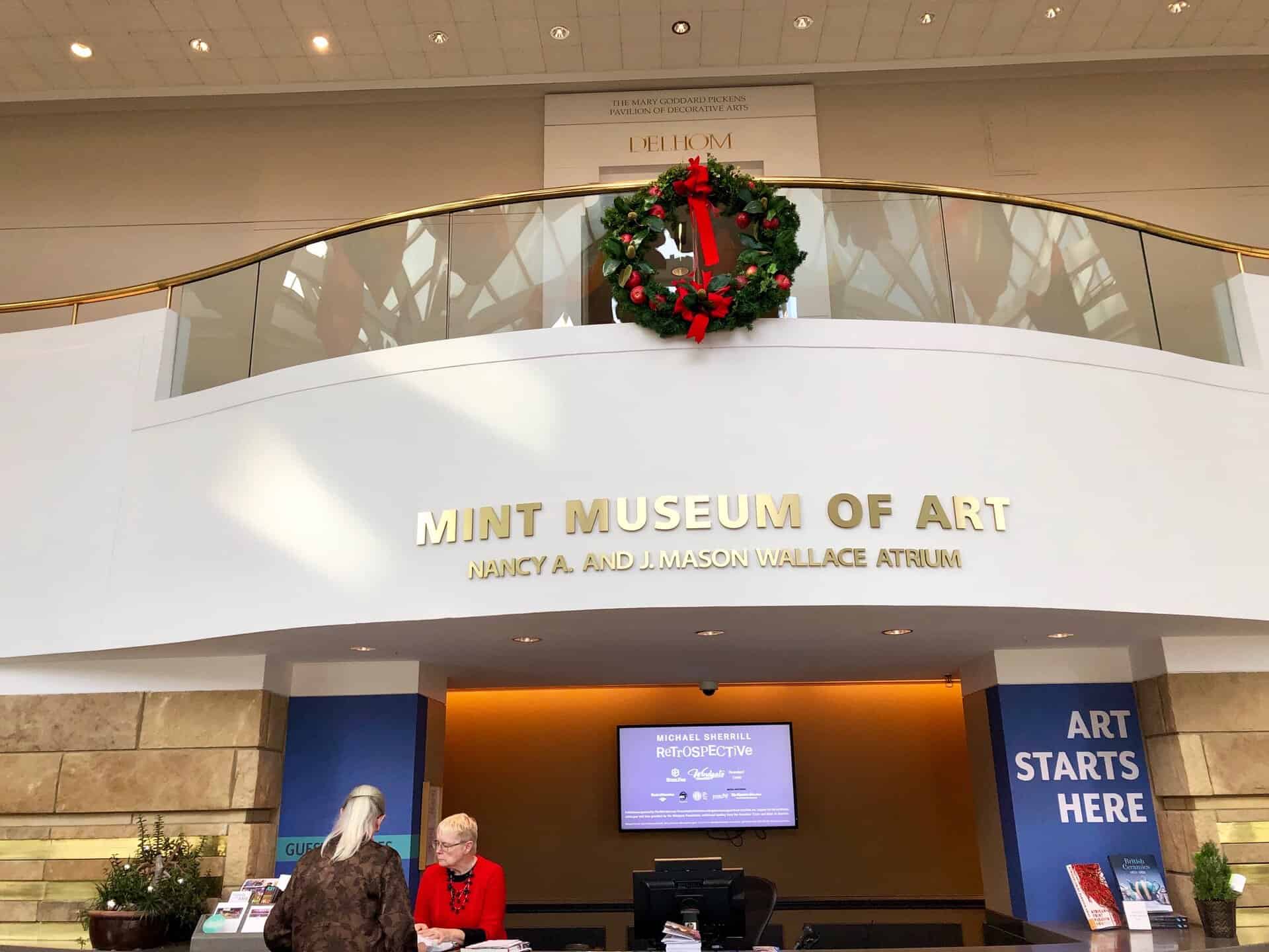 Christmas wreath with red bow at Mint Museum Randolph Road.