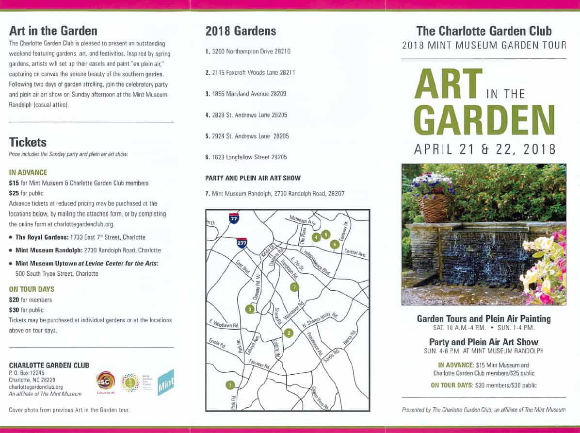 Beautiful garden and art tour in Charlotte, featuring plein air painting and garden displays.