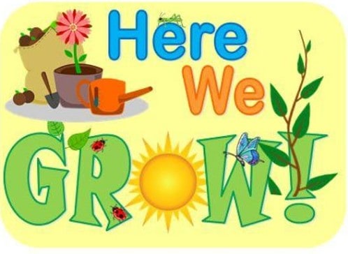 Garden tools, flower, and butterfly with "Here We Grow" text.